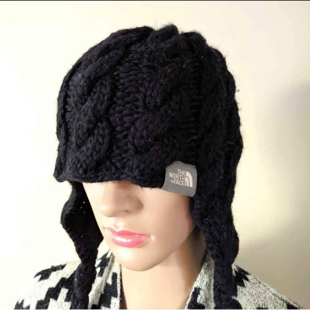 North Face wool blend cable knit beanie with earflaps braided